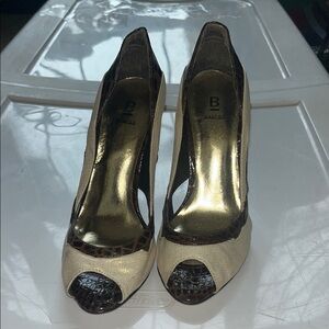 Bakers Cream and Brown Heels with Peep-Toe Design and Stiletto Style